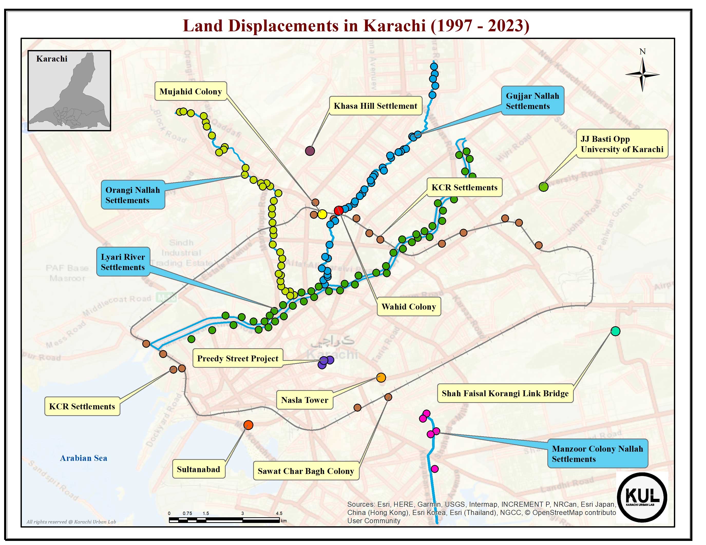 Map depicting land displacements in Karachi from 1997 to 2023. &mdash; Muhammad Toheed