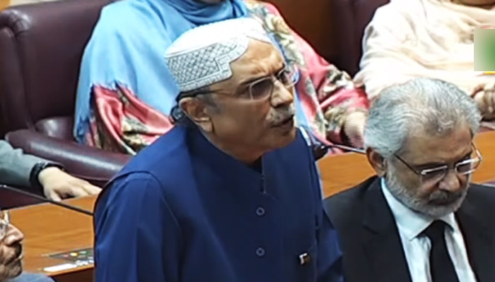 PPP Co-chairman Asif Ali Zardari speaks during a National Assembly session in Islamabad, on April 10, 2023, in this still taken from a video. — YouTube/PTVParliament