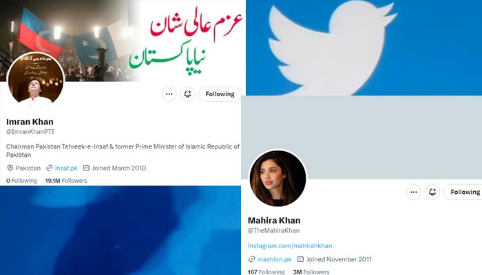 Screengrabs of profiles of PTI chief Imran Khan and Pakistan actor Mahira Khan. — Twitter/@imrankhan.pti/@TheMahiraKhan