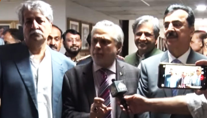 Finance Minister Ishaq Dar during a press conference in Islamabad, on April 28, 2023, in this still taken from a video. — YouTube/GeoNews
