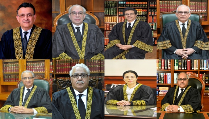 (Clockwise)  CJP Umar Ata Bandial, Justice Munib Akhtar, Justice Muhammad Ali Mazhar, Justice Syed Hasan Azhar Rizvi, Justice Ijaz ul Ahsan, Justice Sayyed Mazahar Ali Akbar Naqvi, Justice Ayesha A Malik, and Justice Shahid Waheed. — SC website