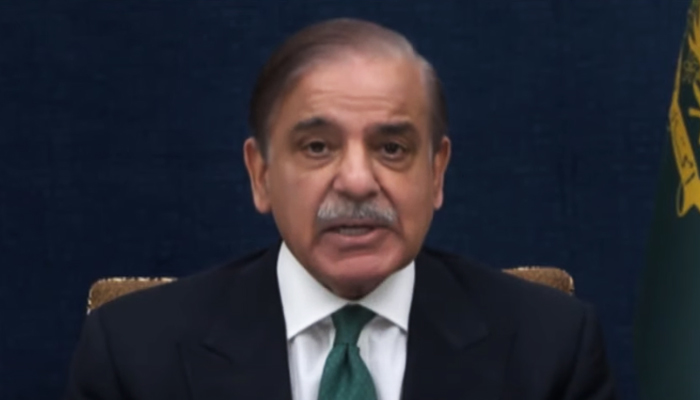 Prime Minister Shehbaz Sharif during his address to the nation in Islamabad, on May 10, 2023, in this still taken from a video. — YouTube/GeoNews