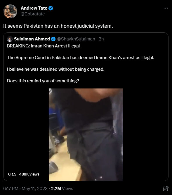 Andrew Tate reacts to SCs verdict on Imran Khans arrest