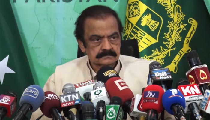 Interior Minister Rana Sanaullah addressing a press conference in Islamabad, on May 13, 2023, in this still image taken from a video. — YouTube/PTVNewsLive