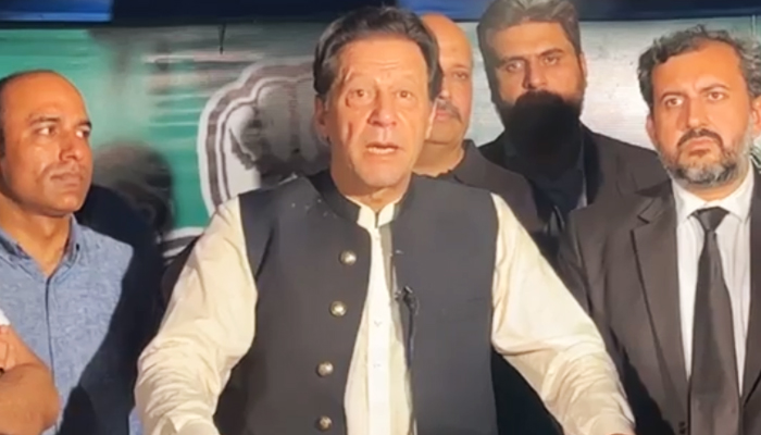 PTI Chairman Imran Khan speaks to journalists at his Zaman Park residence in Lahore, on May 19, 2023, in this still taken from a video. — Facebook/ImranKhanOfficial