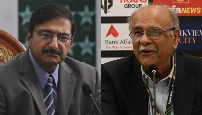 Ex-PCB chief Zaka Ashraf (left) and PCB Management Committee Chairman Najam Sethi. — AFP/Files