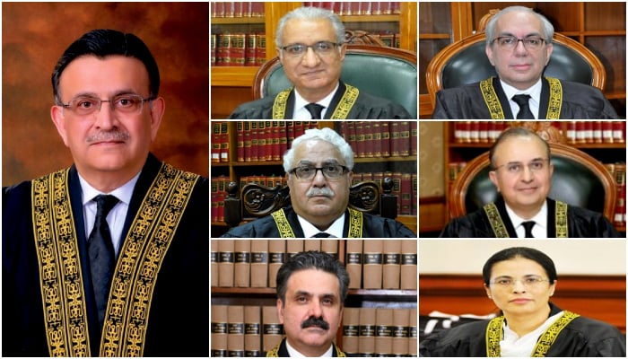 CJP Umar Ata Bandial reconstituted the bench to hear the pleas challenging military trials of civilians after Justice Qazi Faez Isa and Justice Sardar Tariq Masood objected to the 9-member Supreme Court bench. — Supreme Court website