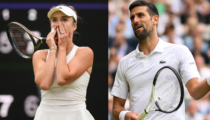 Ukraine’s Elina Svitolina (left) and Serbia’s Novak Djokovic (right) during the 2023 Wimbledon Championships at The All England Tennis Club in Wimbledon. — AFP