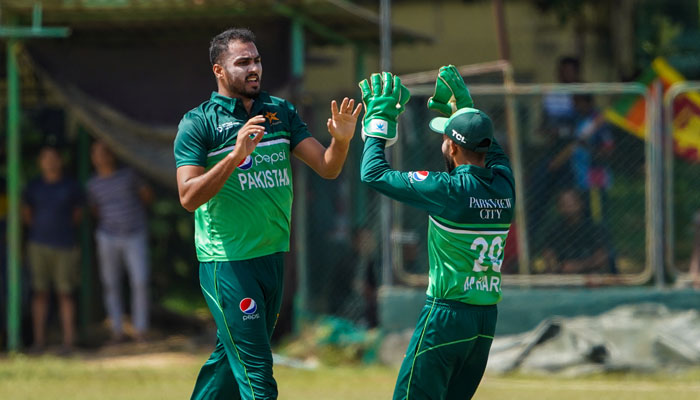 Pakistan players celebrate during the semi-finals of the ongoing ACC Emerging Asia Cup on Friday, July 21, 2023. — Twitter/@CricWick