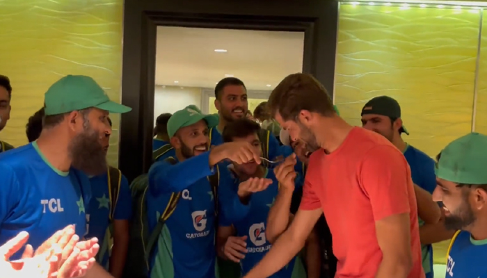Shaheen Shah Afridi celebrating semi-final victory with Pakistan A team in this still taken from a video on July 21, Friday. — Twitter/@TheRealPCB