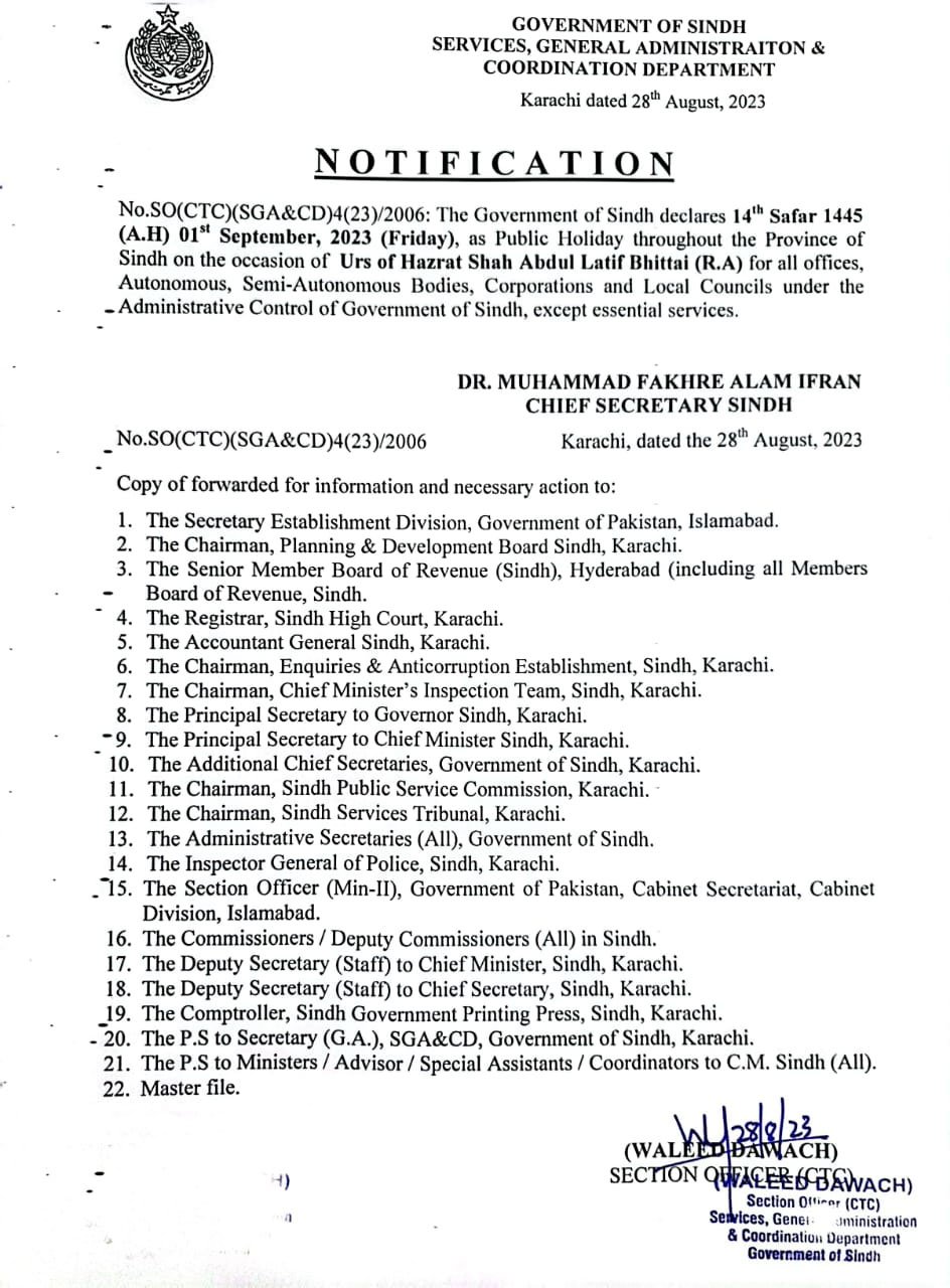 Sindh announces public holiday on September 1