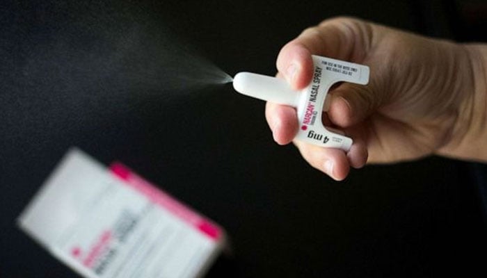 A nurse demonstrates the application of the Narcan nasal spray medication at an outpatient treatment centre in Indiana, PA, on August 9, 2017. — Reuters