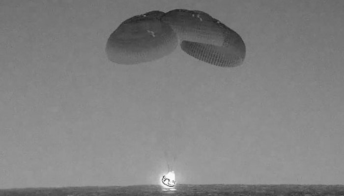 A screengrab of the SpaceX Dragon Endeavour seen as it splashes down in the Atlantic Ocean off the coast of Jacksonville, Florida, at 12:17am EDT, returning Crew-6 to Earth. — X/@SpaceX