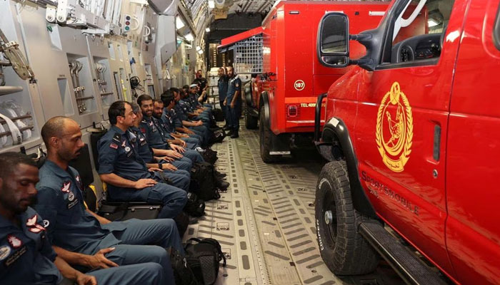 Qatari International Search, Rescue Group personnel and aid onboard a military cargo plane destined for Morocco to provide support on the ground, after an earthquake struck the country, at Al Udeid Air Base, near Doha, Qatar, September 10, 2023. — Reuters