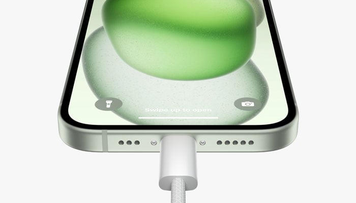 This representational picture shows the USB-C port of the iPhone 15. — X@theapplehub