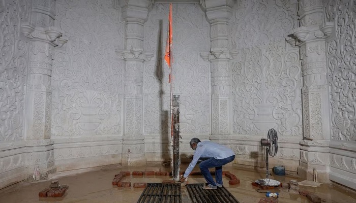 A man touches the place where the idol of Lord Ram will be placed inside the under-construction Hindu Ram Temple in Ayodhya in India, July 9, 2023.— Reuters/File
