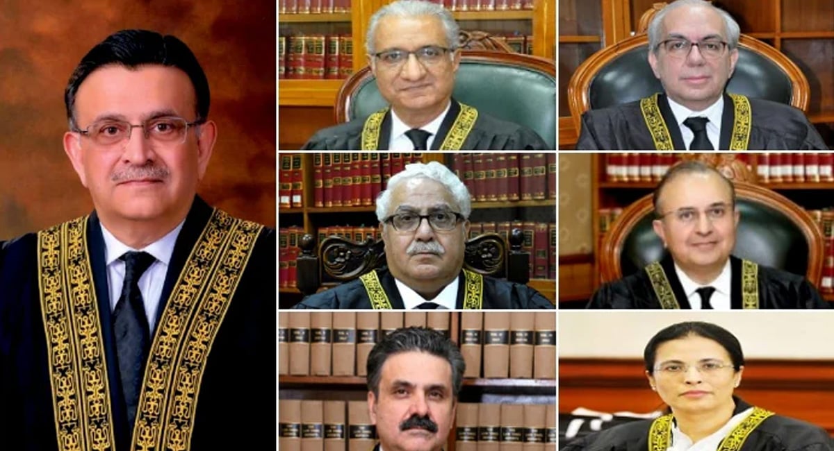 Full court bench constituted by CJP Bandial comprised Justice Ijazul Ahsan, Justice Mansoor Ali Shah, Justice Muneeb Akhtar, Justice Yahya Afridi, Justice Ayesha Malik and Justice Mazahir Ali Naqvi. — Geo.tv