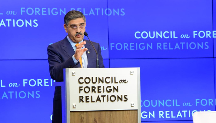 Caretaker Prime Minister Anwaar-ul-Haq Kakar speaks at the Council on Foreign Relations on September 21, 2023. — APP