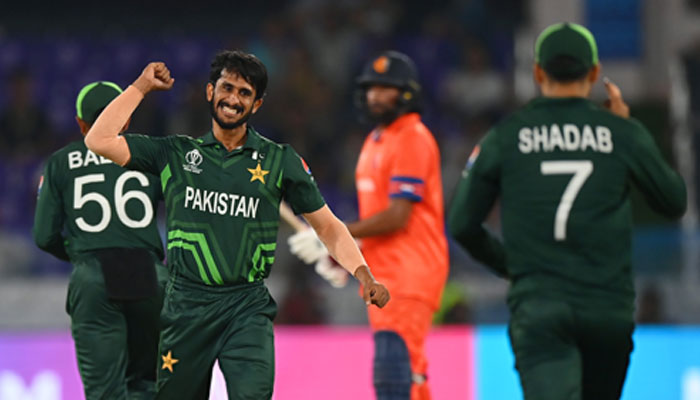 Pakistan pacer Hassan Ali celebrates after taking Max ODowds wicket at ICC Mens Cricket World Cup match on October 6, 2023. — PCB