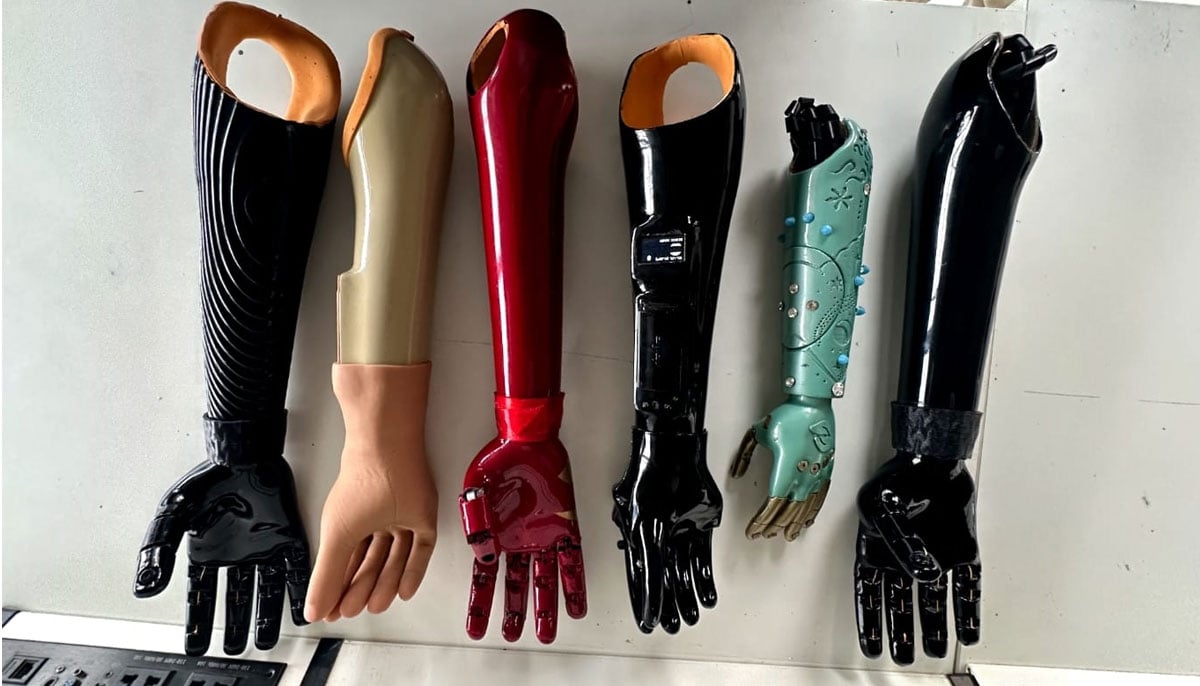 Various models of AI-driven prosthetic limbs are showcased at the Bioniks office in Karachi on October 5, 2023. — Photo by author
