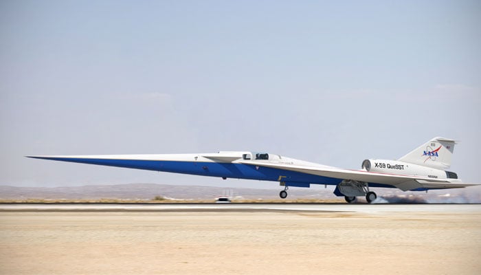 An illustration of the X-59 X-59 Quiet SuperSonic Technology plane landing on a runway. — Lockheed Martin