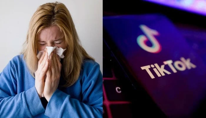 This combination of images shows a sick woman blowing her nose into a tissue and the TikTok logo displayed on a smartphone. — Reuters/File