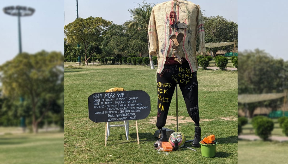 A symbolic statue of patriarchy in Aurat March at Frere Hall Karachi on March 8, 2024. — Author