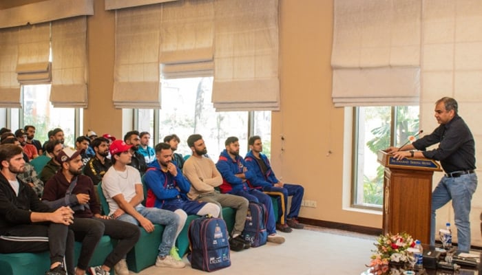 Pakistan Cricket Board Chairman Mohsin Naqvi met Pakistan players participating in HBL PSL 9 at a local hotel in Islamabad. — PCB/File