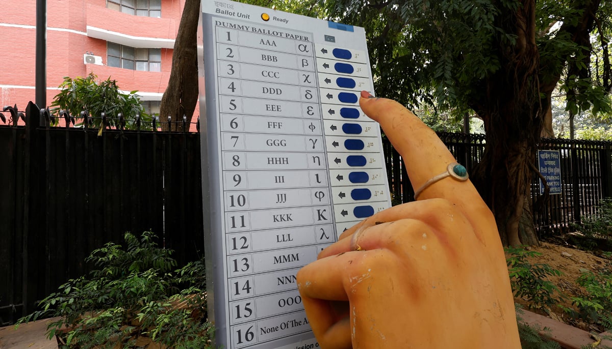 A model of Electronic Voting Machine is displayed outside the office of the Election Commission of India, ahead of the countrys general election, in New Delhi, India, April 15, 2024. &mdash; Reuters