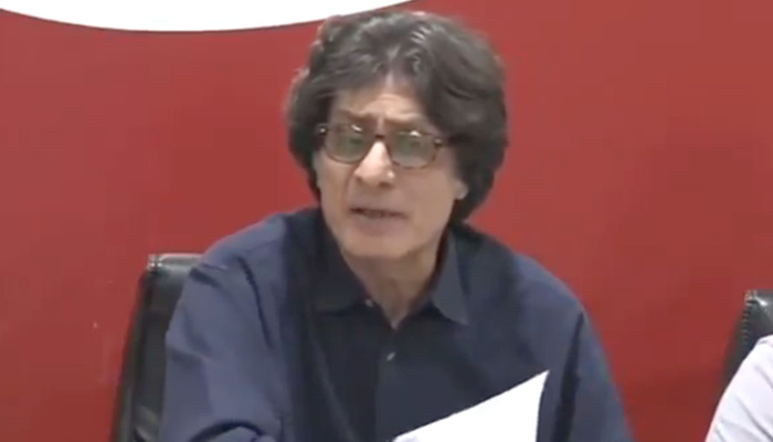 PTI secretary information Raoof Hasan addresses the press conference in Islamabad on April 20, 2024. — Geo News