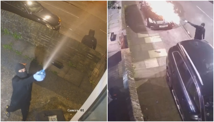 Masked men trying to set alight independent candidate Talat Sajawal’s banner on a house in Bradford. — Screengrab/CCTV footage/Reporter