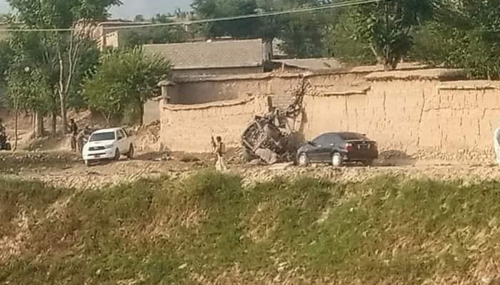 This picture shows the destroyed vehicle of former senator Hidayat Ullah after a bomb explosion on July 3, 2024. — Reporter