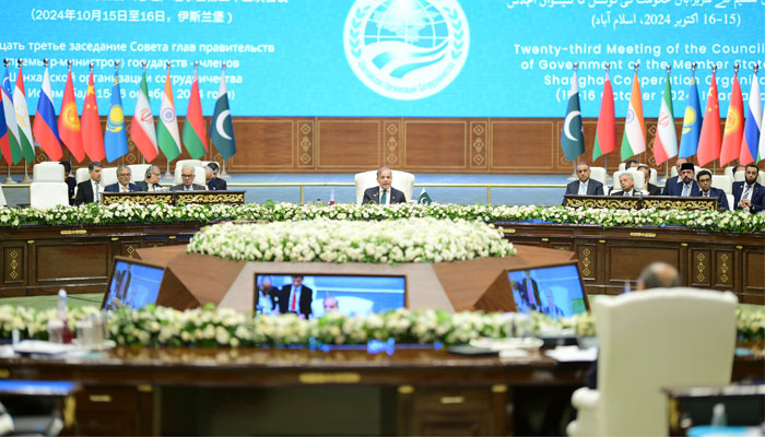PM Shehbaz Sharif addressing Shanghai Cooperation Organisations (SCO) Council of the Heads of Government (CHG) meeting at Jinnah Convention Centre on October 16, 2024. &mdash; PID