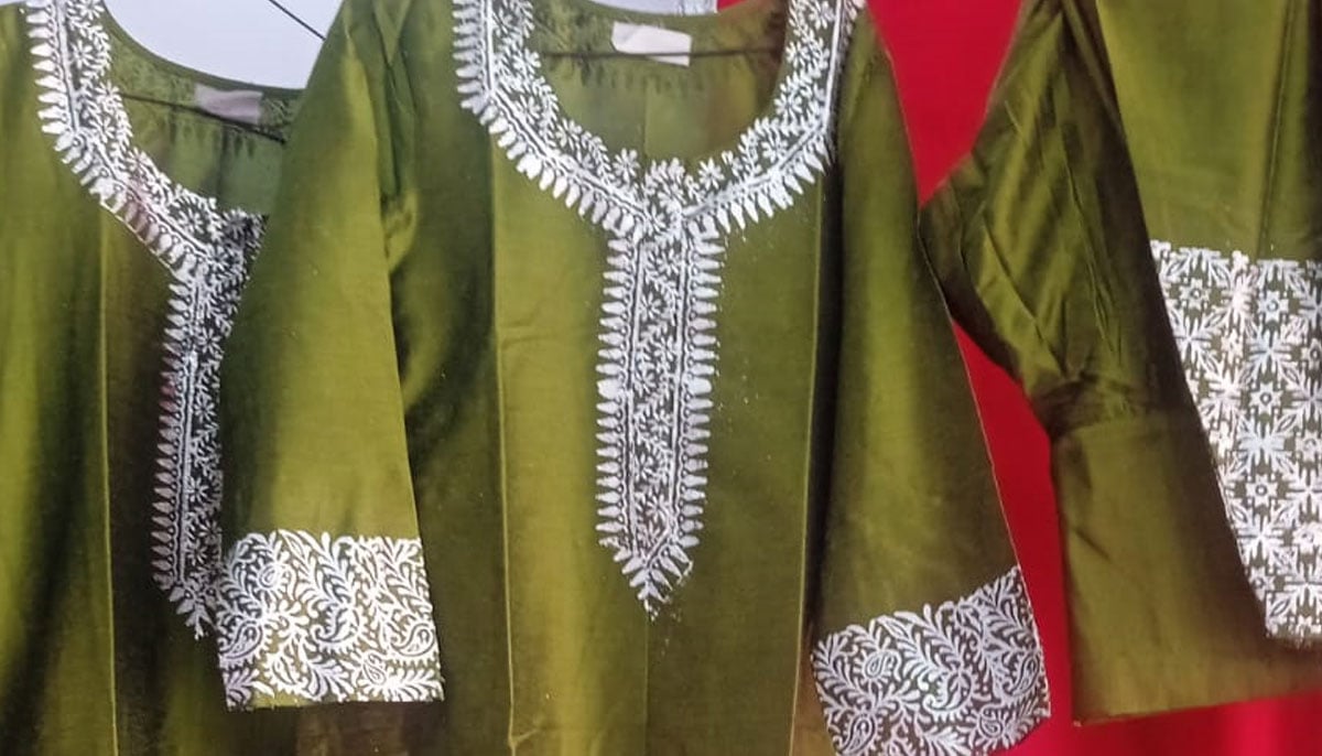 A chaapa shalwar kameez on display at Noshad's shop in the Gaya city of Bihar, India. — Md Noshad Monami