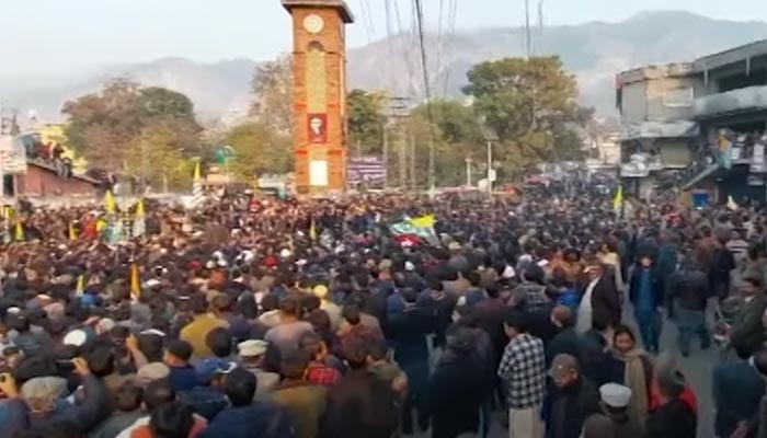 People protesting in Azad Jammu & Kashmir (AJK) on the call of Joint Awami Action Committee on December 7, 2024. — Screengrab via Geo News