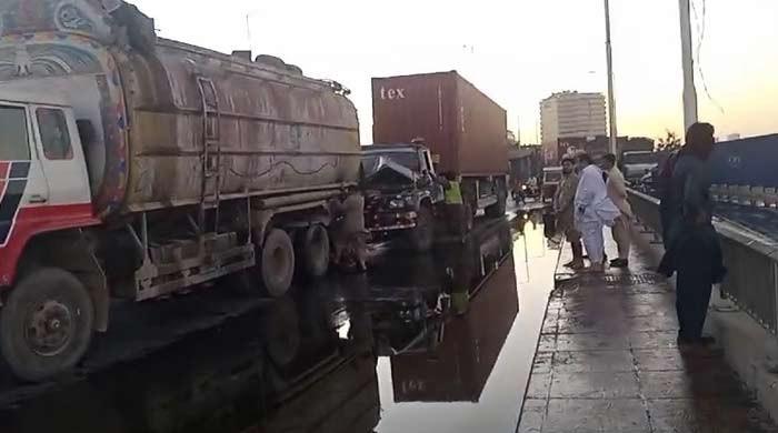 Oil spills at Karachi's Native Jetty Bridge after tanker-trailer truck accident