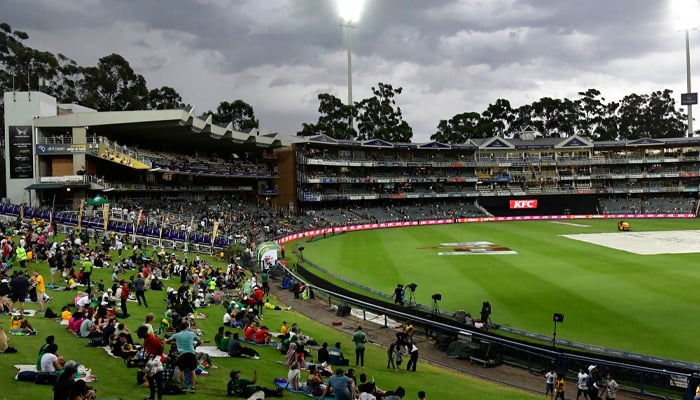 The pitch of the Wanderers covered amid heavy downpour in Johannesburg as the match between South Africa and Pakistan was called off due to rain without a ball being bowled on December 14, 2024. — Facebook/Cricket South Africa