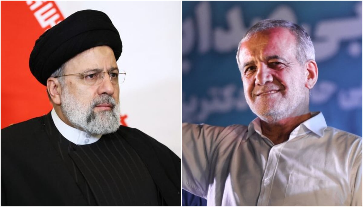 A collage showing late Iranian president Ebrahim Raisi (left) and his successor&nbsp;Masoud Pezeshkian. &mdash; Reuters/File