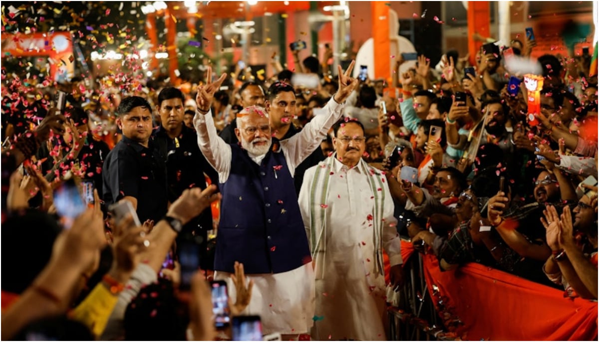 Indian PM&nbsp;Narendra Modi gestures at BJP headquarters in New Delhi, India on June 4, 2024. &mdash; Reuters