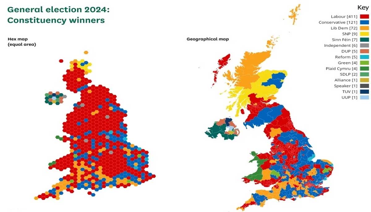 A geographical map of UK showing party-wise 2024 election results. &mdash; UK govt