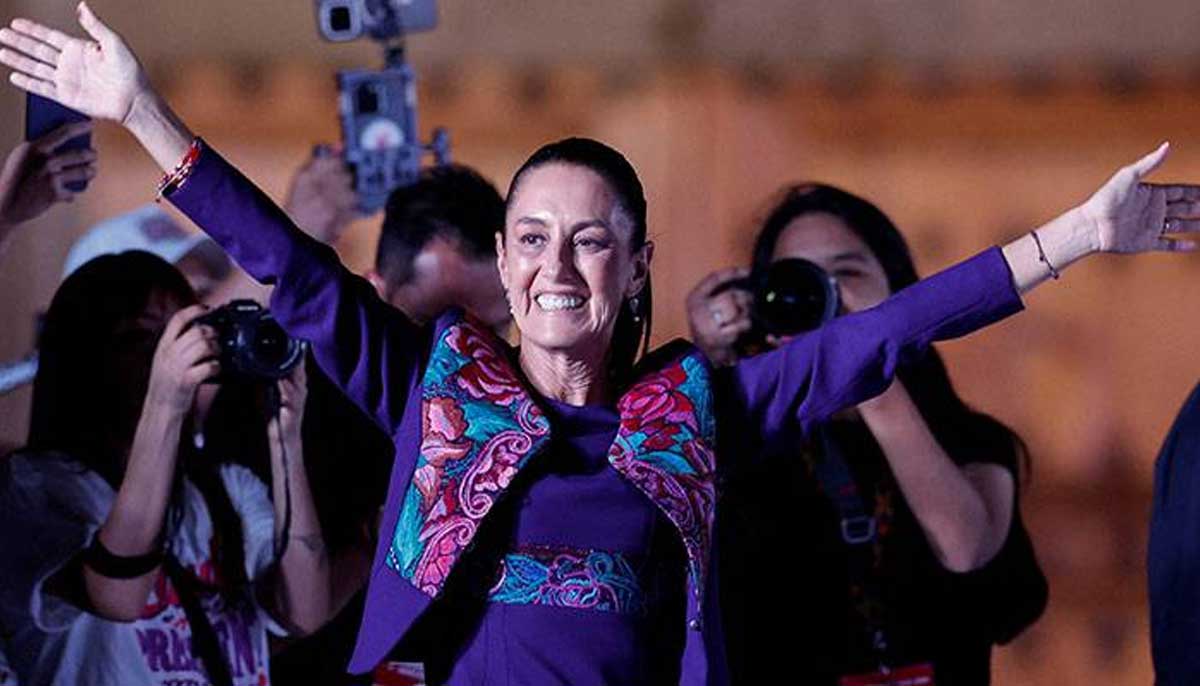 Claudia Sheinbaum gestures to supporters after being declared the winner of the presidential election in the Zocalo plaza in Mexico City, Mexico on June 3, 2024. &mdash; Reuters
