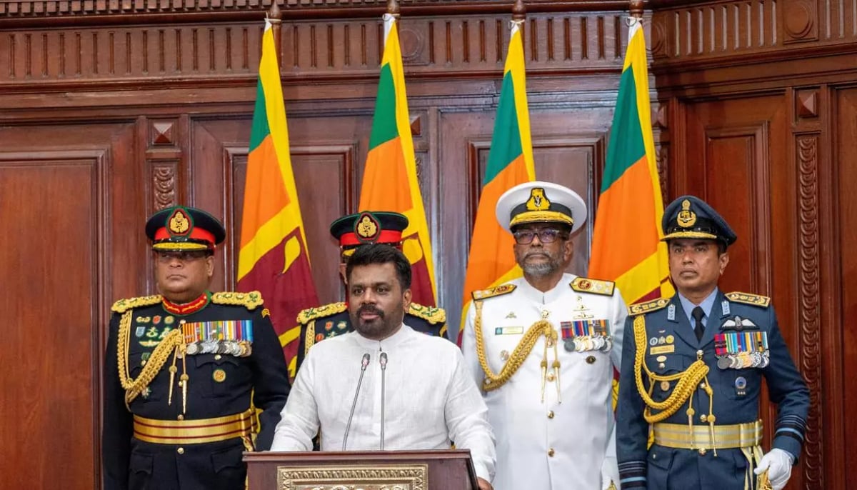 Sri Lankan President Anura Kumara Dissanayake addresses a gathering at the Presidential Secretariat, Colombo on September 23, 2024. &mdash; Reuters