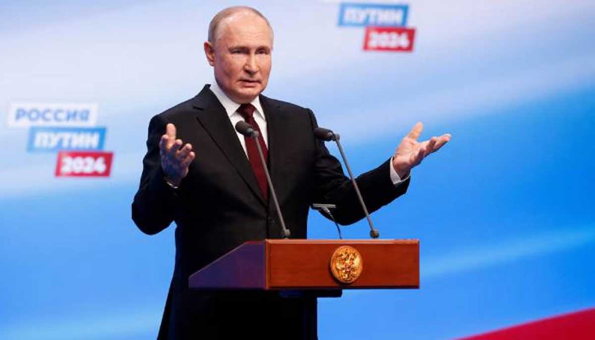 Russian President Vladimir Putin speaks at his election campaign headquarters in Moscow on March 17, 2024. &mdash; Reuters