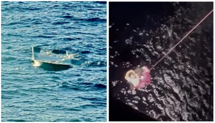 A capsized migrant boat (left) can be seen off the island of Gavdos, while Greek Navy (right) conducts a rescue operation after a migrant boat capsized off the island of Gavdos, Greece, on December 14, 2024. — Reuters