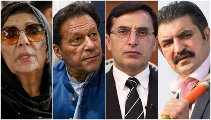 A combination of images showing Aleema Khan, PTI founder Imran Khan, Chairman Barrister Gohar Ali Khan and Sher Afzal Marwat. — AFP/X@BarristerGohar/Reuters