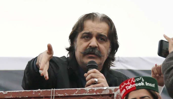 KP CM Ali Amin Gandapur addresses PTI supporters at a protest demonstration against alleged rigging in general elections at the Ring road in Peshawar on Sunday, March 10, 2024. — PPI