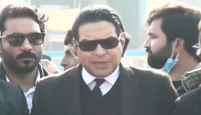 PTI Secretary General Salman Akram Raja addresses press conference outside Adiala jail after deferral of  £190 million case on January 13, 2024.