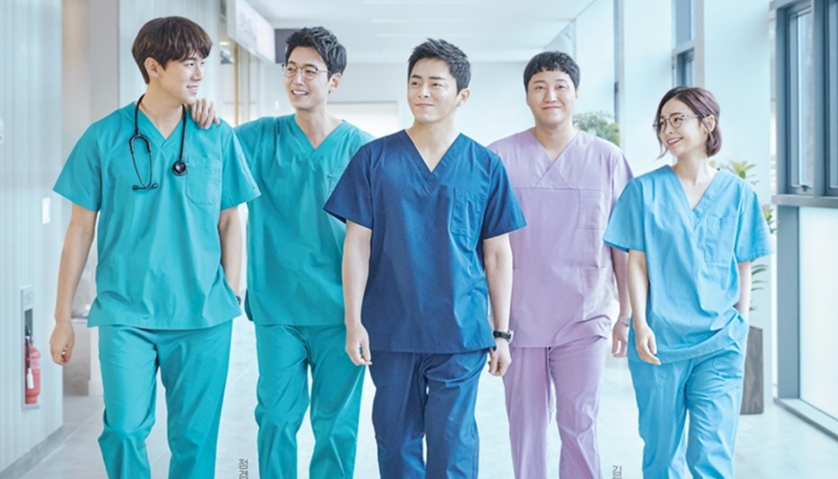 A poster of Korean drama Hospital Playlist showing all its lead characters. — Netflix