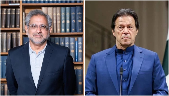 APP convener Shahid Khaqqan Abbasi and PTI founder Imran Khan can be seen in this photo collage. Facebook/Miftah Ismail/AFP/File