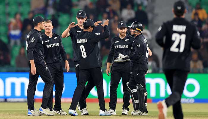 New Zealands Glenn Phillips celebrates with teammates after taking the wicket of South Africas Keshav Maharaj, caught out by Tom Latham during ICC Champions Trophy semi-final at Gaddafi Stadium, Lahore, March 5, 2025. — Reuters